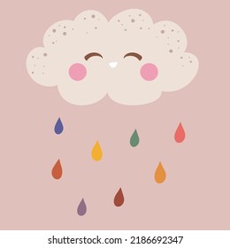 Cute happy clouds with droplets with kawaii face. Scandinavian paper cut style childish weather illustration on pink background in vector. Nursery poster print design idea.