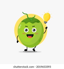 Cute happy coconut character with light bulb idea