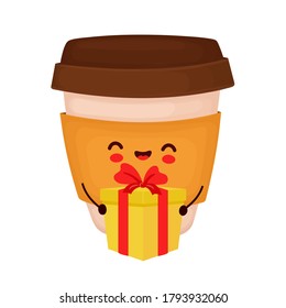 Cute happy coffee cup character with gift box. Isolated on white background. Vector cartoon character hand drawn style illustration
