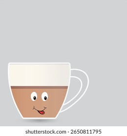 Cute happy coffee cup with face and a coffee bean on its tongue