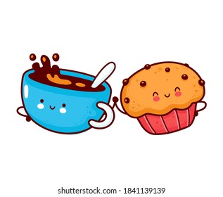 Hübscher Kaffeekrug und Muffinkuchen. Vektorflache Cartoon kawaii Zeichen Symbol. Handgezeichnete Illustration. Einzeln auf weißem Hintergrund