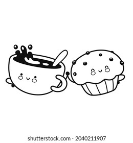 Cute happy coffee mug and muffin cake coloring page. Vector flat line cartoon kawaii character icon. Hand drawn style illustration. Isolated on white background. Coffee and muffin coloring page book