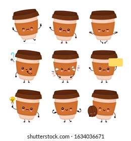 Cute happy coffee paper cup set collection. Vector flat cartoon character illustration icon design.Isolated on white background. Coffee to go, take away bundle concept