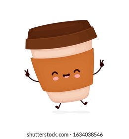 Cute Happy Coffee Paper Cup. Vector Flat Cartoon Character Illustration Icon Design.Isolated On White Background. Coffee To Go, Take Away Concept