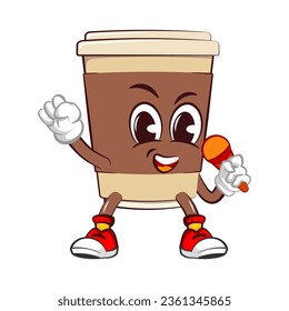Cute happy coffee paper cup mascot using mic talking and singing enthusiastically. Isolated vector flat cartoon character illustration icon design. Coffee to go, take away concept
