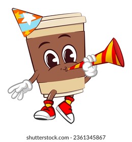 Cute happy coffee paper cup mascot wearing a party hat and blowing a party trumpet cheerfully. Isolated vector flat cartoon character illustration icon design. Coffee to go, take away concept