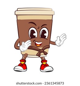 Cute happy coffee paper cup mascot practicing martial arts by wearing a karate belt. Isolated vector flat cartoon character illustration icon design. Coffee to go, take away concept