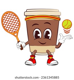 Cute happy coffee paper cup mascot playing tennis with racket and tennis ball. Isolated vector flat cartoon character illustration icon design. Coffee to go, take away concept