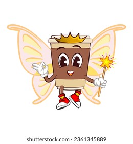 Cute happy coffee paper cup flying fairy mascot with crowned butterfly wings and carrying a magic wand. Isolated vector flat cartoon character illustration icon design. Coffee to go, take away concept