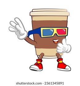 Cute happy coffee paper cup mascot wearing 3-dimensional glasses to watch cinema 3-d movie. Isolated vector flat cartoon character illustration icon design. Coffee to go, take away concept