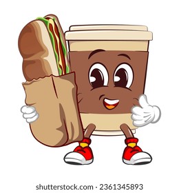 Cute happy coffee paper cup mascot with big sandwich. Isolated vector flat cartoon character illustration icon design. Coffee to go, take away concept