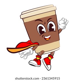 Cute happy coffee paper cup superhero mascot with cape flying. Isolated vector flat cartoon character illustration icon design. Coffee to go, take away concept