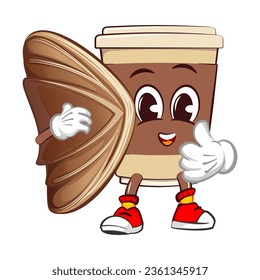 Cute happy coffee paper cup mascot with puff pastry. Isolated vector flat cartoon character illustration icon design. Coffee to go, take away concept