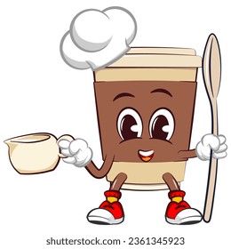 Cute happy coffee paper cup mascot carrying cream cup and spoon. Isolated vector flat cartoon character illustration icon design. Coffee to go, take away concept