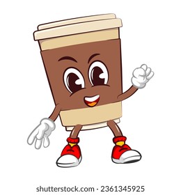Cute happy coffee paper cup cheerful and excited smile mascot. Isolated vector flat cartoon character illustration icon design. Coffee to go, take away concept