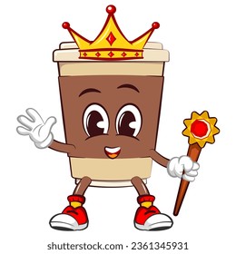Cute happy coffee paper cup king mascot with crown and holding a scepter. Isolated vector flat cartoon character illustration icon design. Coffee to go, take away concept