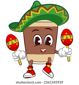 Cute happy coffee paper cup mascot wearing sombrero with playing maracas. Isolated vector flat cartoon character illustration icon design. Coffee to go, take away concept