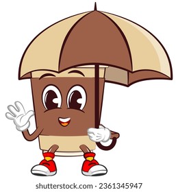 Cute happy coffee paper cup mascot is holding an umbrella. Isolated vector flat cartoon character illustration icon design. Coffee to go, take away concept