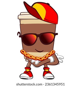 Cute happy coffee paper cup mascot dressed up in hip-hop wearing a stylish hat, sunglasses and gold chain necklace. Isolated vector flat cartoon character illustration icon design. Coffee to go, take 