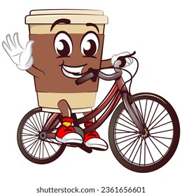 Cute happy coffee paper cup mascot riding a bicycle while waving. Isolated vector flat cartoon character illustration icon design. Coffee to go, take away concept