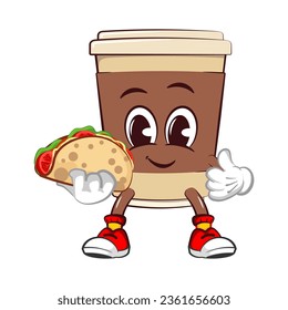 Cute happy coffee paper cup mascot giving thumbs up with delicious taco. Isolated vector flat cartoon character illustration icon design. Coffee to go, take away concept