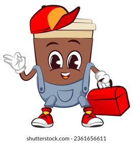 Cute happy coffee paper cup handyman mascot with toolbox. Isolated vector flat cartoon character illustration icon design. Coffee to go, take away concept