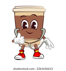 Cute happy coffee paper cup doctor mascot with holding stethoscope. Isolated vector flat cartoon character illustration icon design. Coffee to go, take away concept