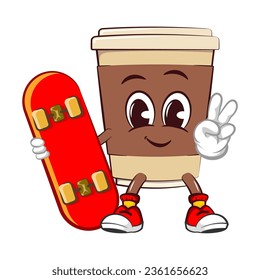 Cute happy coffee paper cup mascot carrying skateboard while giving peace sign. Isolated vector flat cartoon character illustration icon design. Coffee to go, take away concept