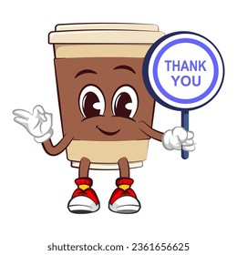 Cute happy coffee paper cup mascot giving okay sign while holding sign saying thank you. Isolated vector flat cartoon character illustration icon design. Coffee to go, take away concept