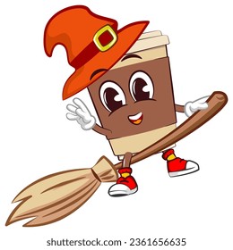 Cute happy coffee paper cup mascot in witch hat riding magic broom. Isolated vector flat cartoon character illustration icon design. Coffee to go, take away concept