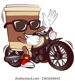 Cute happy coffee paper cup mascot riding a big motorbike while waving. Isolated vector flat cartoon character illustration icon design. Coffee to go, take away concept