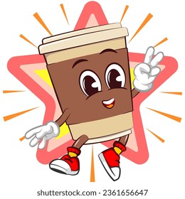 Cute happy coffee paper cup mascot jumping by showing peace sign in front of bright star. Isolated vector flat cartoon character illustration icon design. Coffee to go, take away concept