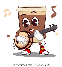 Cute happy coffee paper cup mascot playing banjo musical instrument. Isolated vector flat cartoon character illustration icon design. Coffee to go, take away concept