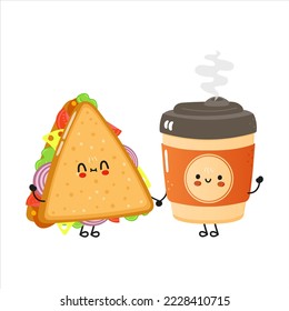 Cute happy coffee and sandwich card. Vector hand drawn doodle style cartoon character illustration icon design. Cute happy coffee and sandwich friends concept card