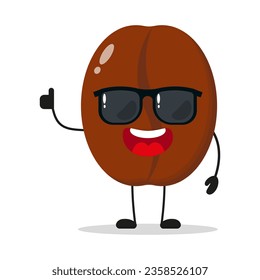 Cute happy coffee seed character wear sunglasses. Funny drink greet friend cartoon emoticon in flat style. coffee emoji vector illustration