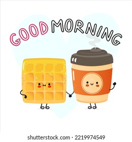 Cute happy coffee and wafer card. Vector hand drawn doodle style cartoon character illustration icon design. Cute happy coffee and wafer friends concept card