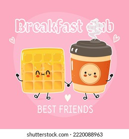 Cute happy coffee and wafer card. Vector hand drawn doodle style cartoon character illustration icon design. Cute happy coffee and wafer friends concept card