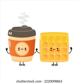 Cute happy coffee and wafer card. Vector hand drawn doodle style cartoon character illustration icon design. Cute happy coffee and wafer friends concept card