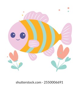 Cute Happy Colorful Fish Cartoon Character Swimming in the Sea with Floral