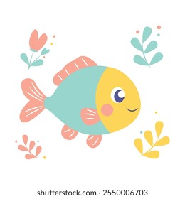 Cute Happy Colorful Fish Cartoon Character Swimming in the Sea with Floral