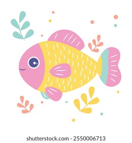 Cute Happy Colorful Fish Cartoon Character Swimming in the Sea with Floral