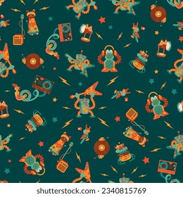 Cute, Happy and Colorful Rock and Roll Robots in green, orange, yellow and reddish colors on a dark blue background