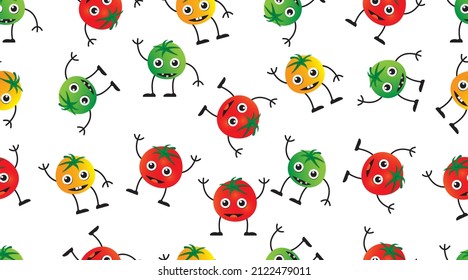 Cute happy colorful tomato character seamless pattern. Funny vegetable emoticon in flat style. Food emoji vector illustration. Healthy vegetarian food