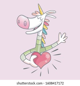 Cute and happy colorful unicorn supporting a big pink heart with raised hand on pink background