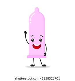 Cute happy condom character. Smiling and greet contraceptive cartoon emoticon in flat style. protection emoji vector illustration
