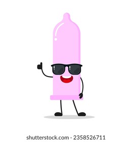 Cute happy condom character wear sunglasses. Funny contraceptive greet friend cartoon emoticon in flat style. protection emoji vector illustration