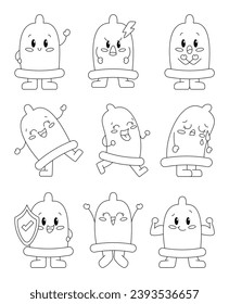 Cute happy condom characters. Coloring Page. Safe sex, contraception. Kawaii emoji preservative. Funny cartoon emoticons. Vector drawing. Collection of design elements.