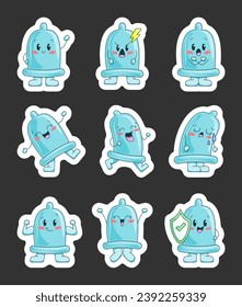 Hübsche, fröhliche Kondom-Charaktere. Aufkleber-Lesezeichen. Sicherer Sex, Empfängnisverhütung. Kawaii Emoji Konservierungsmittel. Hübsche Cartoon-Emoticons. Vektorgrafik. Sammlung von Design-Elementen.