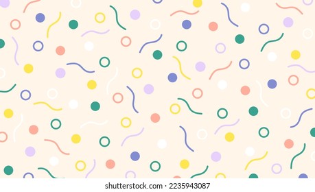 Un bonito fondo de confeti. Patrón festivo sin fisuras en tonos pastel dibujado a mano. Un telón de fondo creativo de estilo minimalista. Divertido doodle colorido patrón sin fisuras. Resumen de cifras aleatorias
