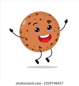 Personaje de galleta feliz. Divertido emoticono de tiras cómicas de saltar bizcocho en estilo plano. ilustración vectorial de emoticonos de panadería